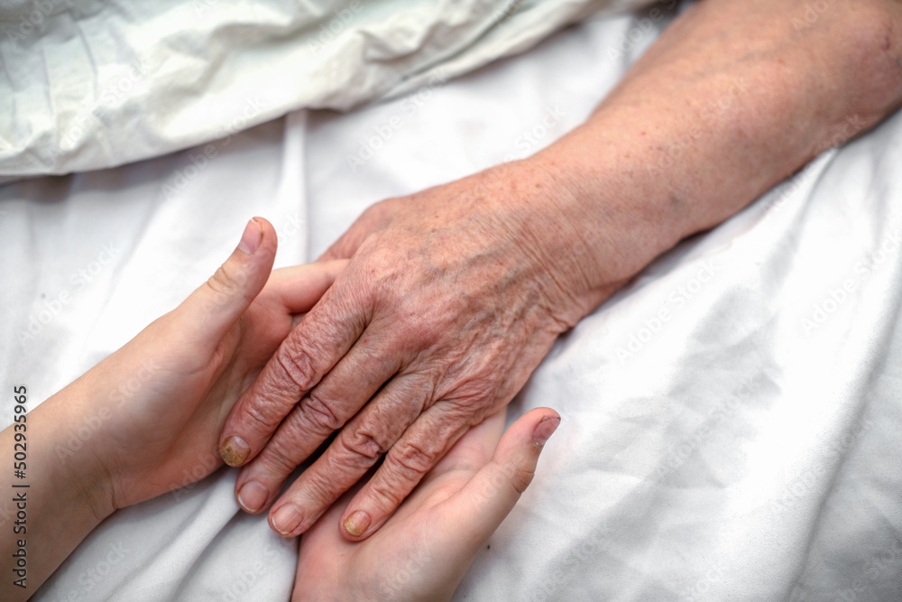 The grandson's hands hold the wrinkled hand of a sick elderly grandmother in a medical clinic. The concept of love and care. Slow movement The grandson's hands hold the wrinkled hand of a sick elderly grandmother in a medical clinic. The concept of love and care. Slow movement