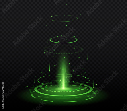 Magic green portal. Innovation and the digital world, energy and magic. Graphic elements for games, digital world and futuristic stories, certain places on map. Cartoon flat vector illustration
