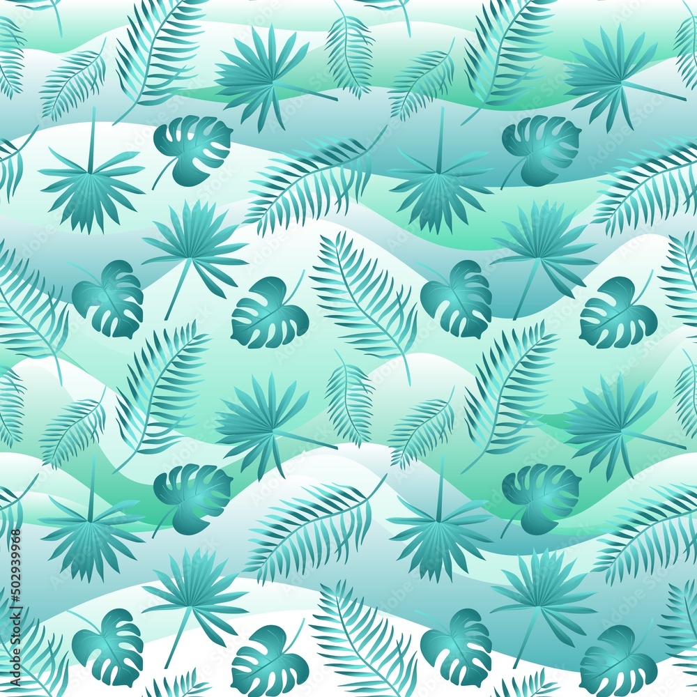 Seamless exotic print for fabric, wallpaper with a variety of palm leaves on a background of greenish waves in vector. Natural pattern. Hawaiian motifs. Seamless exotic print for fabric, wallpaper with a variety of palm leaves on a background of greenish waves in vector. Natural pattern. Hawaiian motifs.