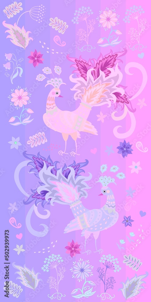 Beautiful romantic vertical towel print with two peacocks, flowers, leaves, paisley and hearts on a striped lilac-pink background in vector. Vintage style. Russian, Indian motifs.
