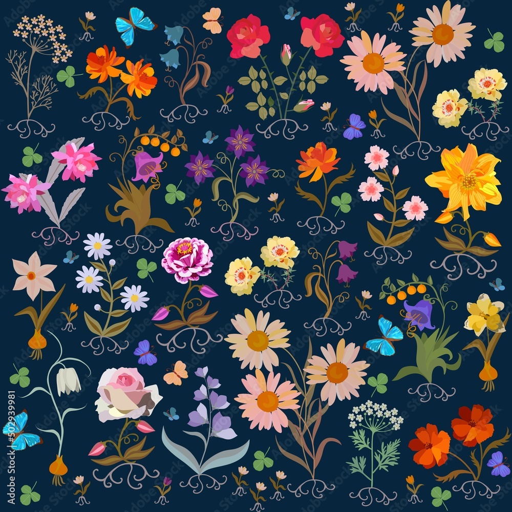 Dark blue background with bright garden flowers, berries, roots, clover leaves, fluttering blue butterflies in vector. Seamless floral ornament. Fashion print for fabric for dress in vintage style.