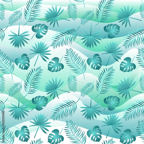 Seamless exotic print for fabric, wallpaper with a variety of palm leaves on a background of greenish waves in vector. Natural pattern. Hawaiian motifs.