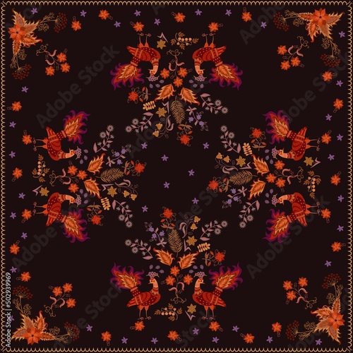 Bright red-orange fabulous birds and magical flowers, berries, leaves isolated on a black background. Beautiful decorative frame. Vector print for shawl, scarf, jewelry box cover, pillow, handkerchief