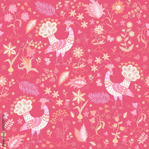 Peacocks, flowers, leaves, berries on a red background seamless ornament. Romantic fabulous print for fabric, wallpaper in retro style.