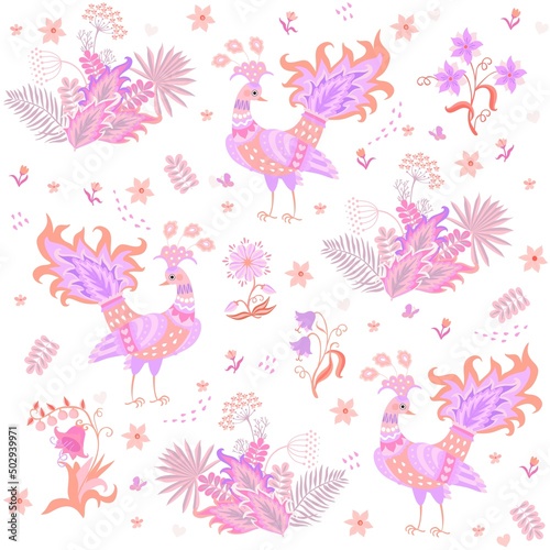 Gentle romantic seamless pattern with hand drawn peacocks  flowers  tropical leaves in light pink-orange-lilac colors on a white background in vector. Natural print for fabric in vintage style.