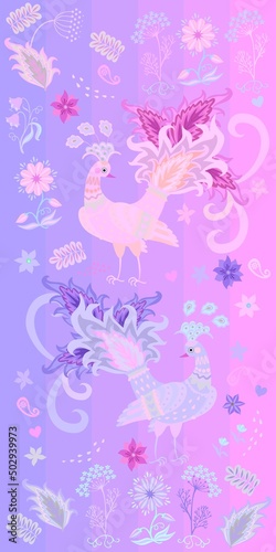 Beautiful romantic vertical towel print with two peacocks  flowers  leaves  paisley and hearts on a striped lilac-pink background in vector. Vintage style. Russian  Indian motifs.