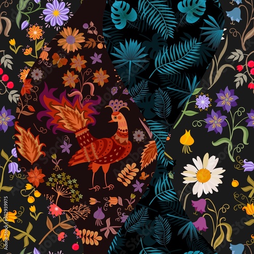 Seamless patchwork pattern with fabulous peacock palm leaves, garden flowers on a black background in vector. Beautiful fabric print. Ornament for a pillow. napkins, pockets