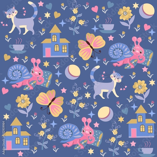 Seamless pattern with funny cats, snails, butterflies, houses, balls, stars, flowers isolated on a dark blue background in vector. Print for fabric, wallpapers for kids.