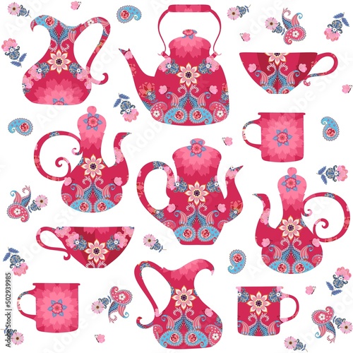 Beautiful seamless pattern of teapots, cups, mugs, gravy boats decorated with a pattern of flowers and paisley in pink, hot pink, crimson, blue colors in vector. Print for fabric, wallpaper.
