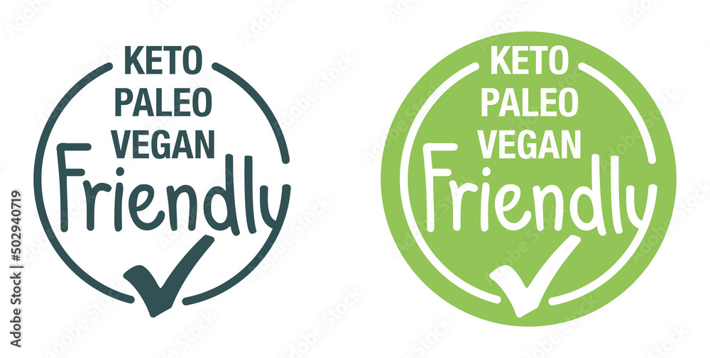 Keto, Paleo, Vegan friendly - badge in seal shape Keto, Paleo, Vegan friendly - badge in seal shape