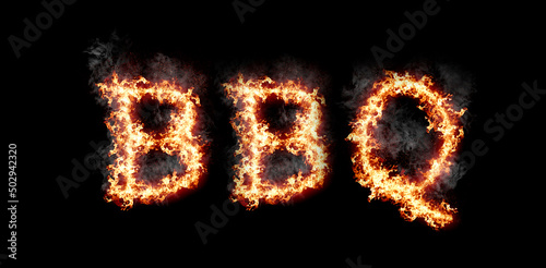 Word BBQ burning with fire and smoke, digital art isolated on black background
