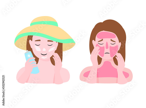 Woman with sunburn problem and woman in hat smears sunscreen on her skin. The concept of beauty and health. Vector illustration isolated on white background.