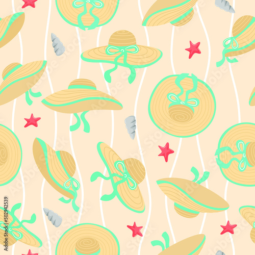 Seamless pattern with women summer hat. Vector illustration on theme pattern women sun hats.
