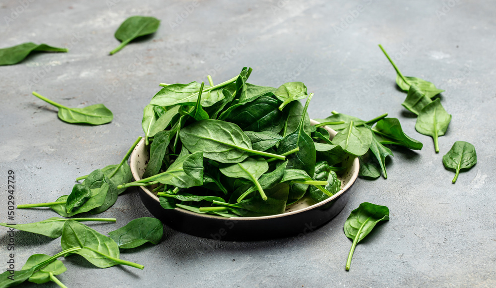 Spinach. Raw organic fresh baby spinach leaves in a metal bowl on gray background. Long banner format. top view Spinach. Raw organic fresh baby spinach leaves in a metal bowl on gray background. Long banner format. top view