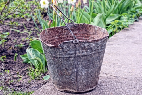 one old metal bucket stands on the pavement near the green vegetation on the street