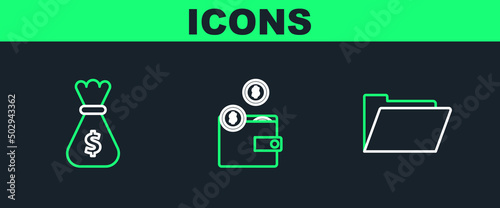 Set line Document folder, Money bag and Wallet with coins icon. Vector