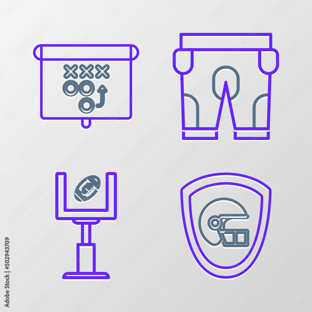 Set line American football helmet and shield, goal post, shorts and Planning strategy concept icon. Vector Set line American football helmet and shield, goal post, shorts and Planning strategy concept icon. Vector