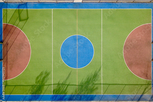 Top down drone shot of a futsal court