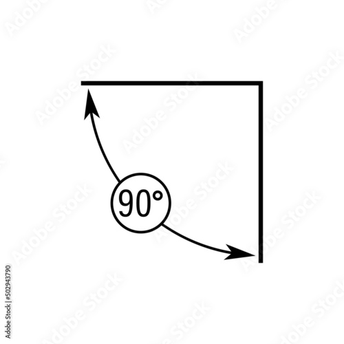 90 degrees angle vector icon. Right angle symbol with arrow. Isolated illustration on white background. 