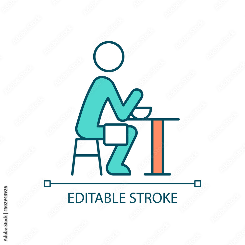 Dining RGB color icon. Placing napkin. Table manners. Proper position. Public places behavior. Isolated vector illustration. Simple filled line drawing. Editable stroke. Arial font used Dining RGB color icon. Placing napkin. Table manners. Proper position. Public places behavior. Isolated vector illustration. Simple filled line drawing. Editable stroke. Arial font used