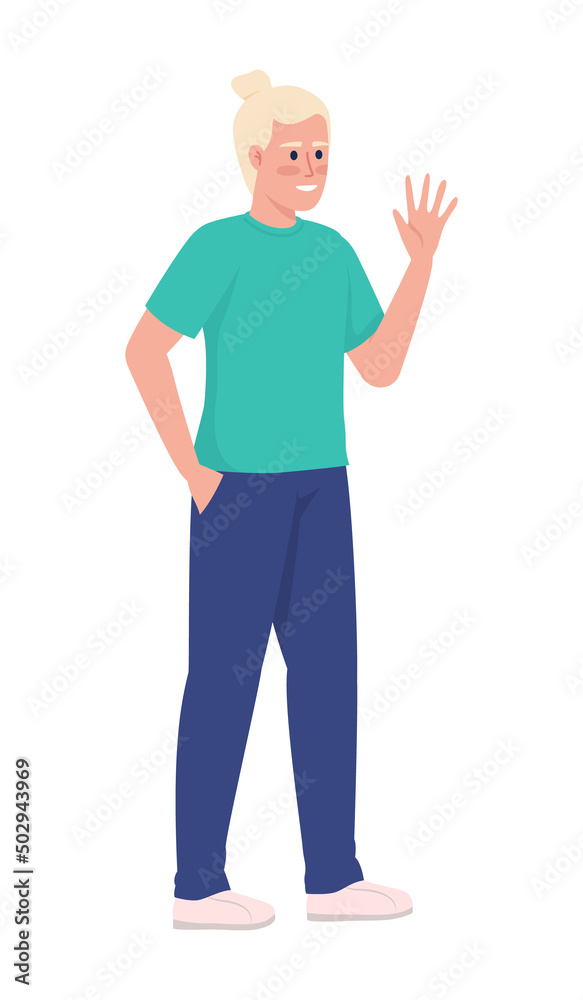 Smiling young man waving hand semi flat color vector character. Standing figure. Full body person on white. Greeting simple cartoon style illustration for web graphic design and animation Smiling young man waving hand semi flat color vector character. Standing figure. Full body person on white. Greeting simple cartoon style illustration for web graphic design and animation