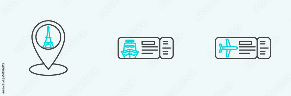 Set line Airline ticket, Map pointer with Eiffel tower and Cruise for traveling by ship icon. Vector Set line Airline ticket, Map pointer with Eiffel tower and Cruise for traveling by ship icon. Vector