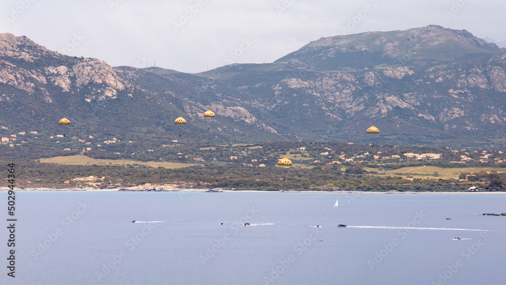 The 2nd Foreign Parachute Regiment (2e REP) of the French Foreign Legion in training over the bay of Calvi in Corsica