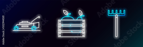 Set line Garden rake, Lawn mower and Wooden box for fruits and vegetables icon. Glowing neon. Vector
