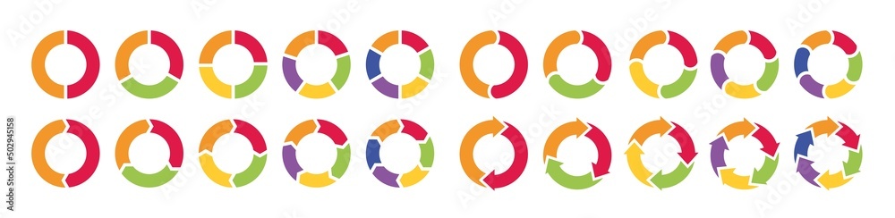 Pie charts diagrams. Set of different color circles isolated. Infographic element round shape. Vector illustration. Pie charts diagrams. Set of different color circles isolated. Infographic element round shape. Vector illustration.