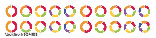 Pie charts diagrams. Set of different color circles isolated. Infographic element round shape. Vector illustration.