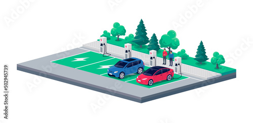 Electric cars perpendicular parking charging on city street road sideway. Parking lot with persons standing talking near vehicle. Charger stations parking lot. Vector illustration on white background.