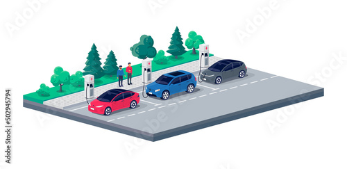 Electric cars parallel parking charging on city street road sideway. Parking lot with persons standing talking near vehicle. Charger stations on parking lot. Vector illustration on white background.