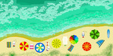 Un'estate al mare : ombrelloni, tavole da surf windsurf e vela da da winsurf visti dall'alto