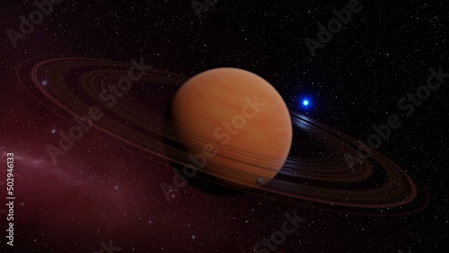 Gas giant planet in deep space. Saturn planet and rings close-up. Space science fiction background, gas giant in a dark sky. 3D illustration