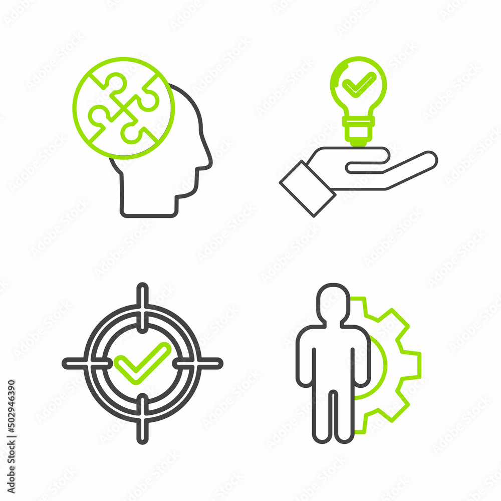 Set line Human with gear inside, Target and check mark, Light bulb hand and head puzzles strategy icon. Vector Set line Human with gear inside, Target and check mark, Light bulb hand and head puzzles strategy icon. Vector