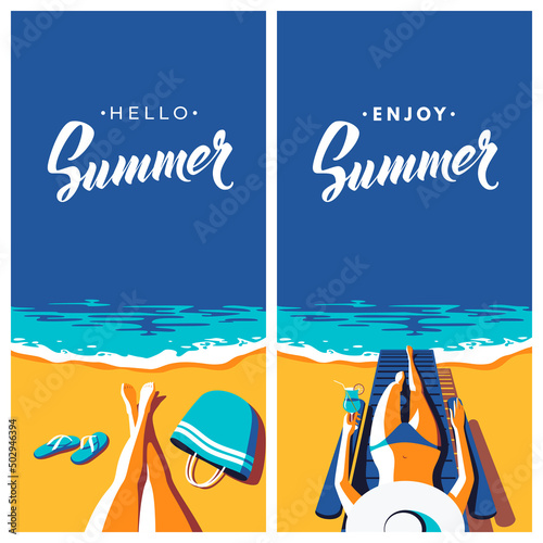 Summer holiday. Elegant woman in blue bikini sunbathing on the beach. Sea background. Vector illustration