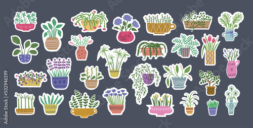 Collection of potted house plants and flowers in flowerpots in stickers.