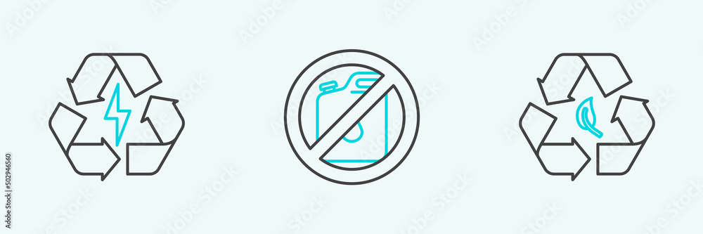 Set line Recycle symbol and leaf, Battery with recycle and No canister for gasoline icon. Vector Set line Recycle symbol and leaf, Battery with recycle and No canister for gasoline icon. Vector