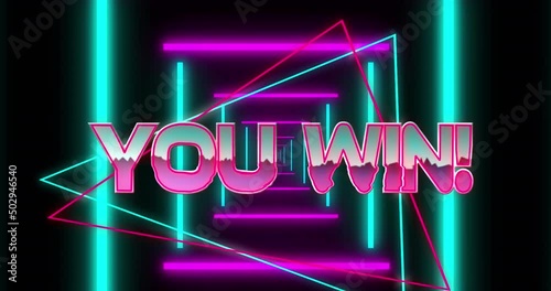 Animation of you win text over moving shapes on black background