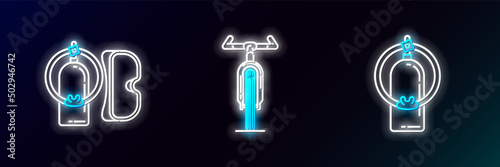 Set line Aqualung, Diving mask and aqualung and Bicycle icon. Glowing neon. Vector
