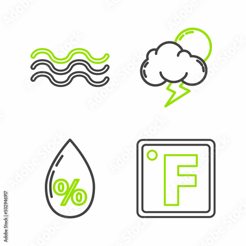 Set line Fahrenheit, Water drop percentage, Storm and Waves icon. Vector