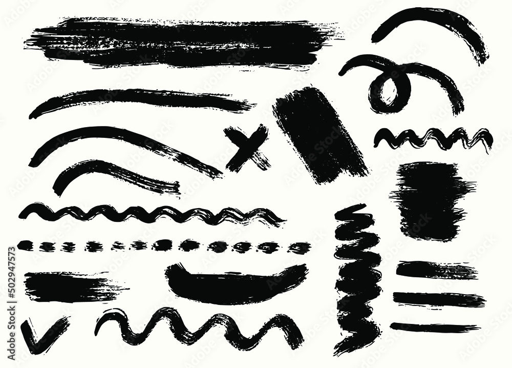 Grunge vector dry paint brush strokes. Isolated, hand drawn collection