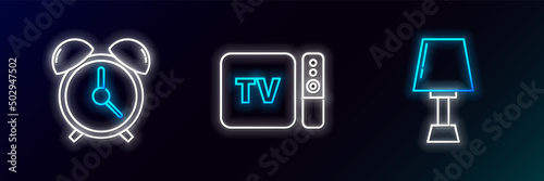 Set line Table lamp, Alarm clock and TV box receiver and player with remote controller icon. Glowing neon. Vector