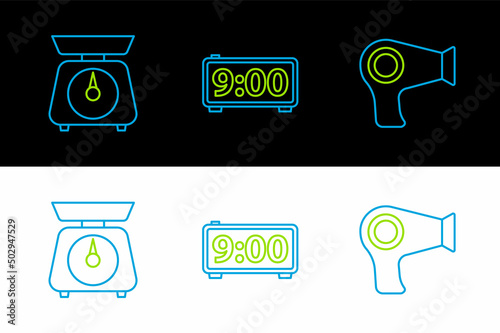 Set line Hair dryer, Scales and Digital alarm clock icon. Vector
