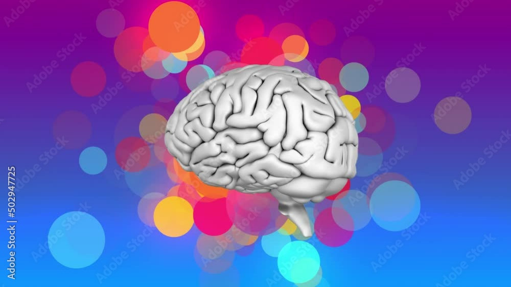 Human brain spinning and colorful spots of light floating against gradient background Human brain spinning and colorful spots of light floating against gradient background