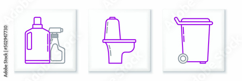 Set line Trash can, Plastic bottles for liquid dishwashing liquid and Toilet bowl icon. Vector
