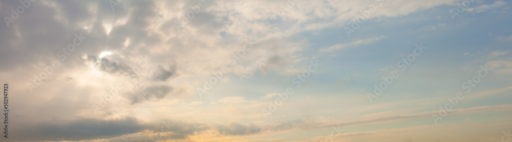 Panoramic sky with sunshine and clouds, skyline nature background