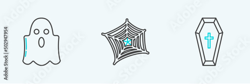 Set line Coffin with christian cross, Ghost and Spider web icon. Vector
