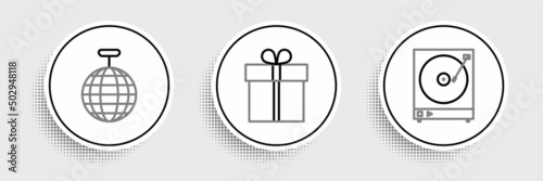 Set line Vinyl player with a vinyl disk, Disco ball and Gift box icon. Vector