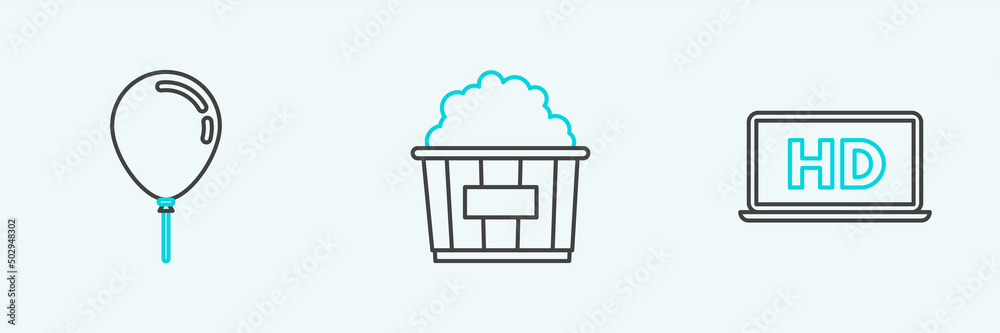 Set line Laptop screen with HD video technology, Balloon ribbon and Popcorn in cardboard box icon. Vector Set line Laptop screen with HD video technology, Balloon ribbon and Popcorn in cardboard box icon. Vector